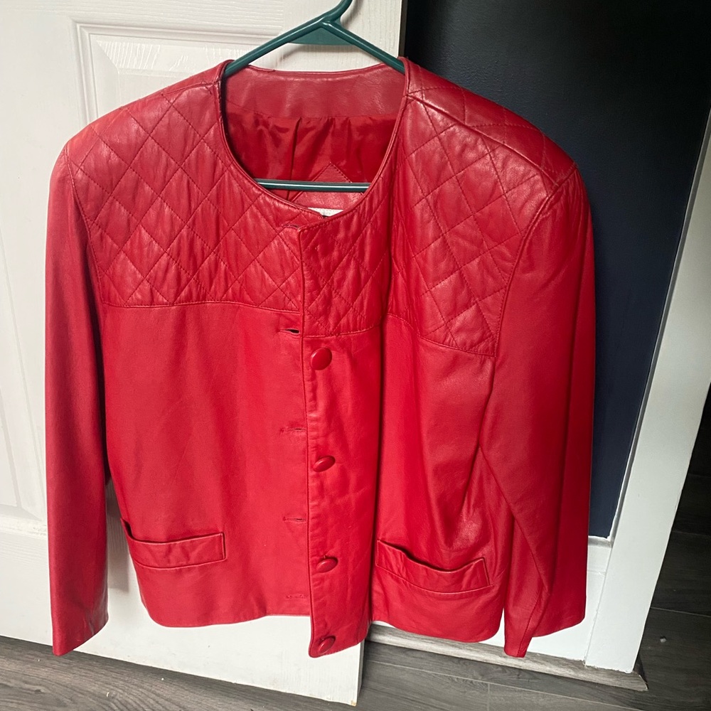 Genuine leather red quilted shoulders jacket
